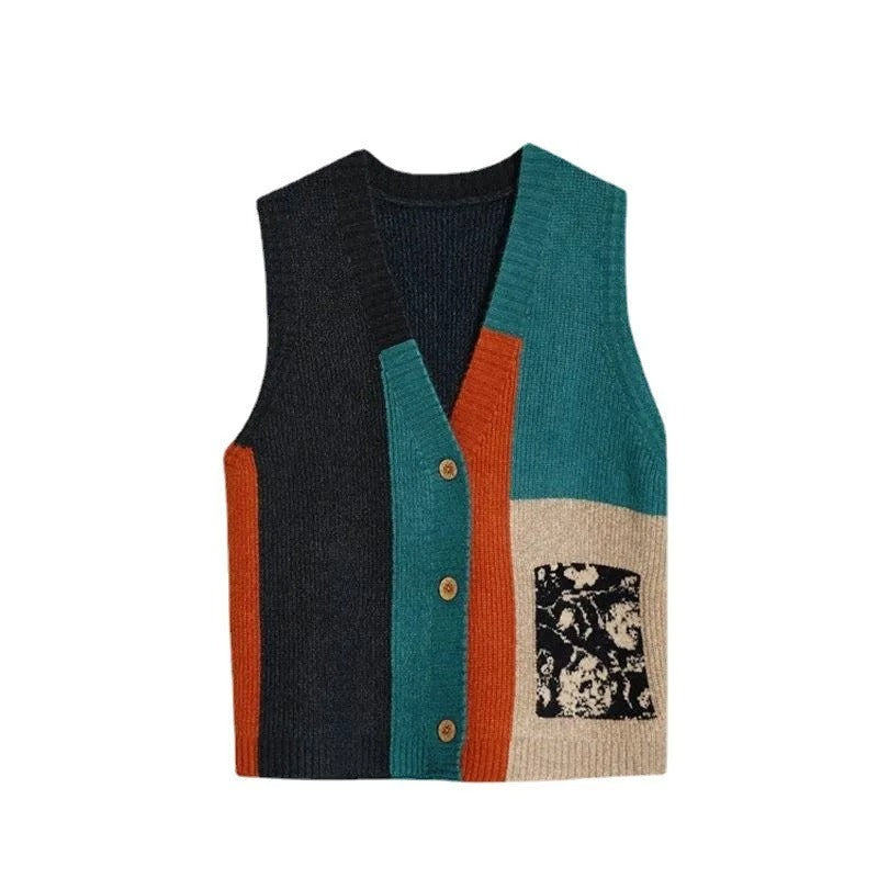 Street-Wave Patchwork Vest For Women - Bold Block Color Design With Cozy Knit Texture