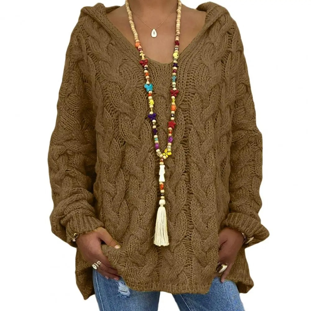 Street-Wave V-Neck Knit Hoodie Sweater For Women Warm Cozy Relaxed Fit With Twist Design