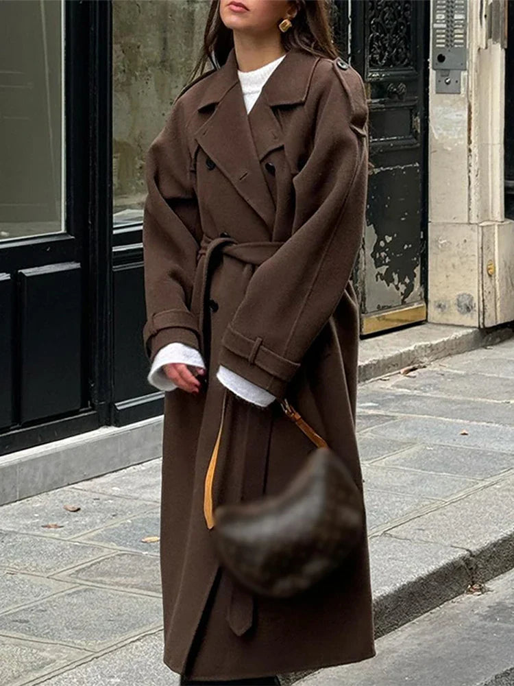 Street-wave Maxi Coat With Belt And Double-Breasted Lapel Collar For Women Elegant Timeless Winter Outerwear
