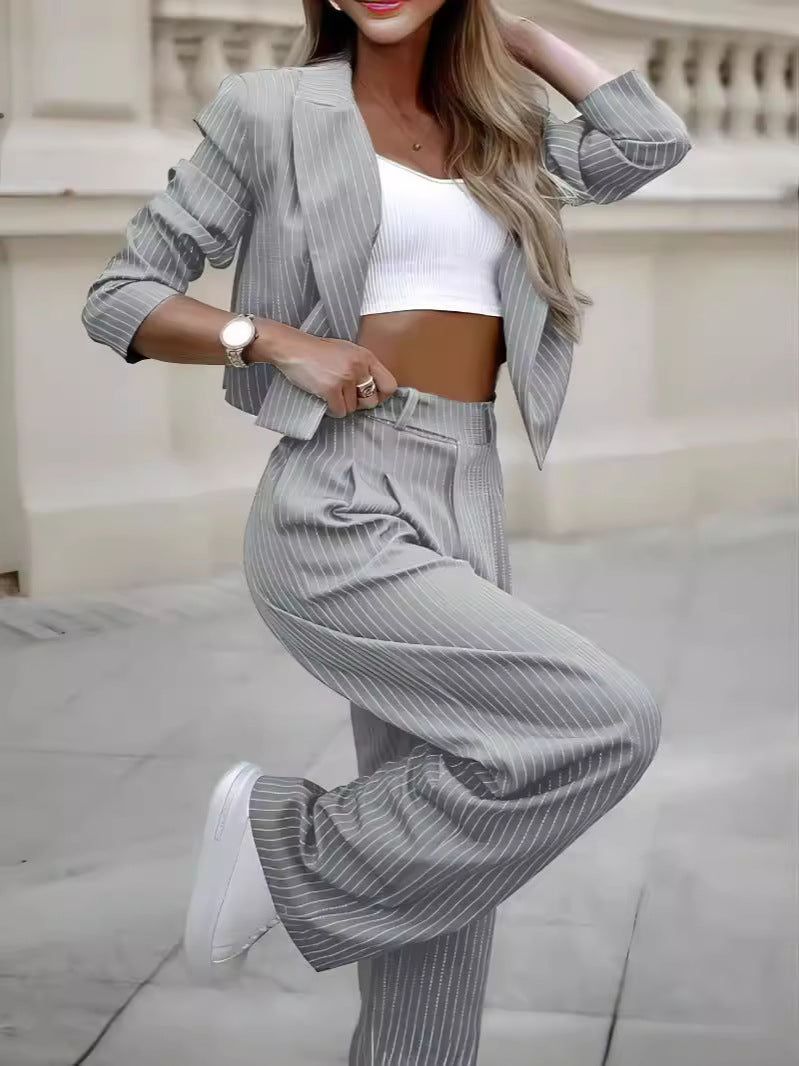 Street-wave Pinstripe Blazer And Pants Set For Women, Elegant, Comfortable Office Suit