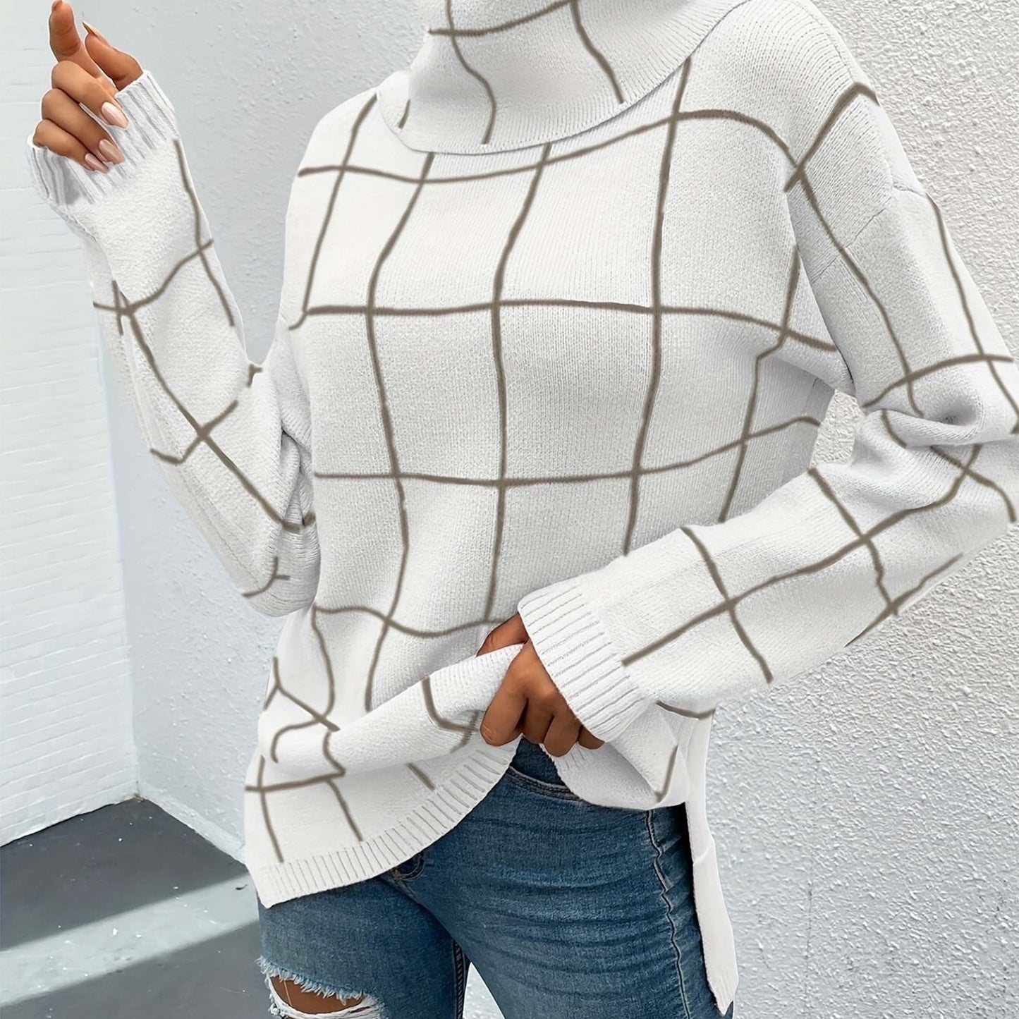 Street-wave Grid Knit Turtleneck Sweater For Women - Effortless Style And Cozy Comfort
