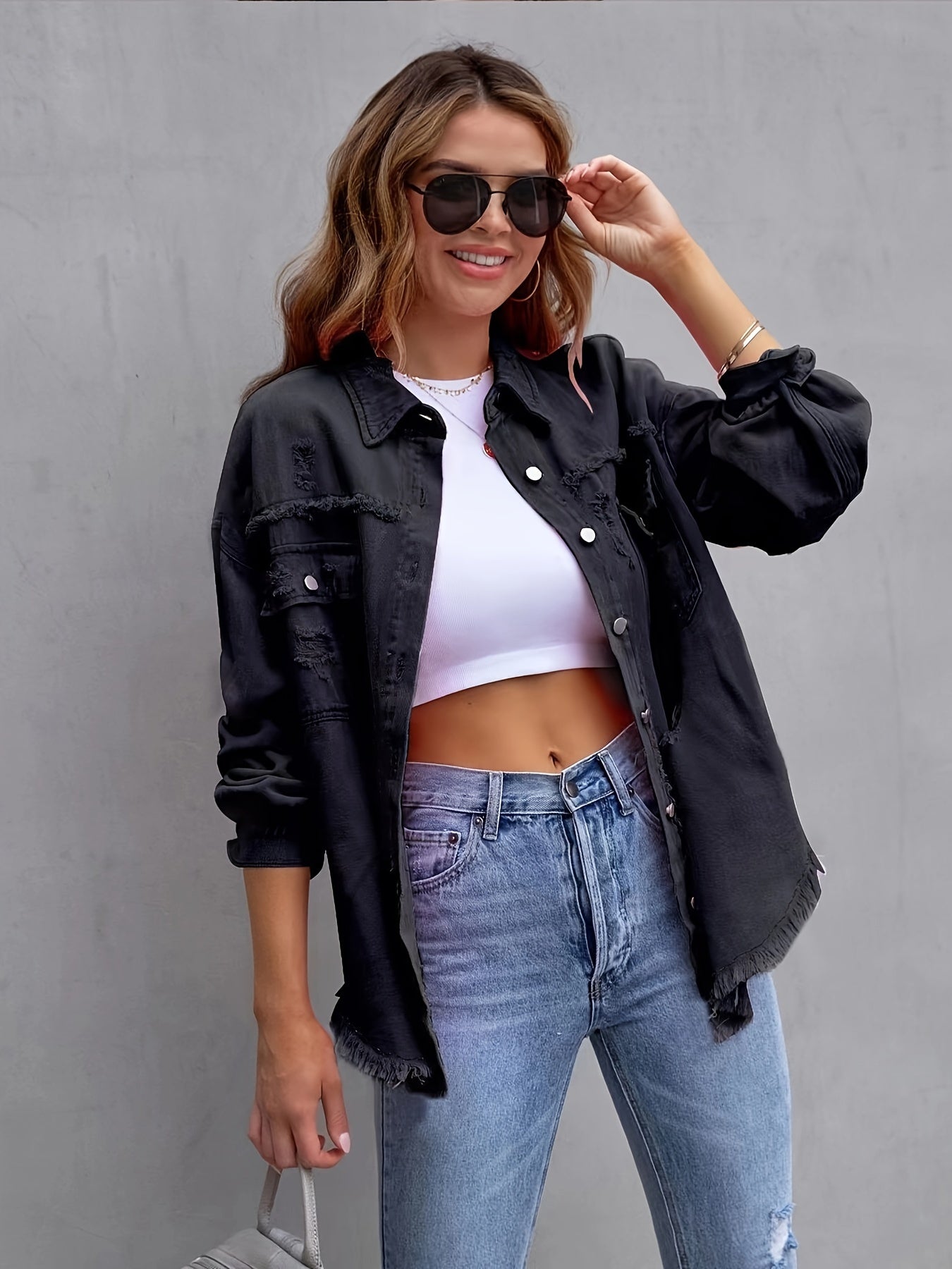 Street-Wave Boho Denim Jacket For Women Button Front Distressed Non Stretchy Frayed Hem