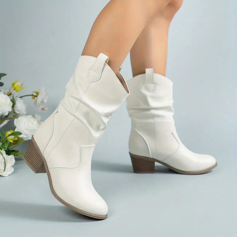 Street-wave Rustic Leather Boots For Women With Slouchy Western Style And Sturdy Block Heel