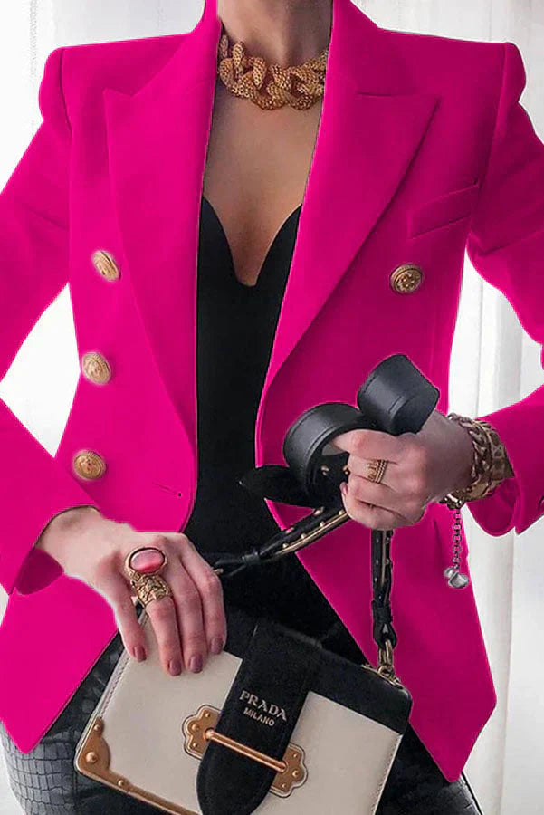Street-Wave Knee Length Blazer For Modern Women With Gold Button Double Breasted Style