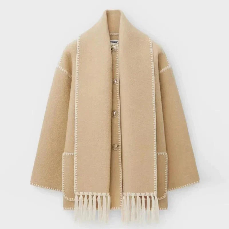 Street-wave Pompon Wool Coat For Women With Fringe Trim And Contrast Stitching For Everyday Style