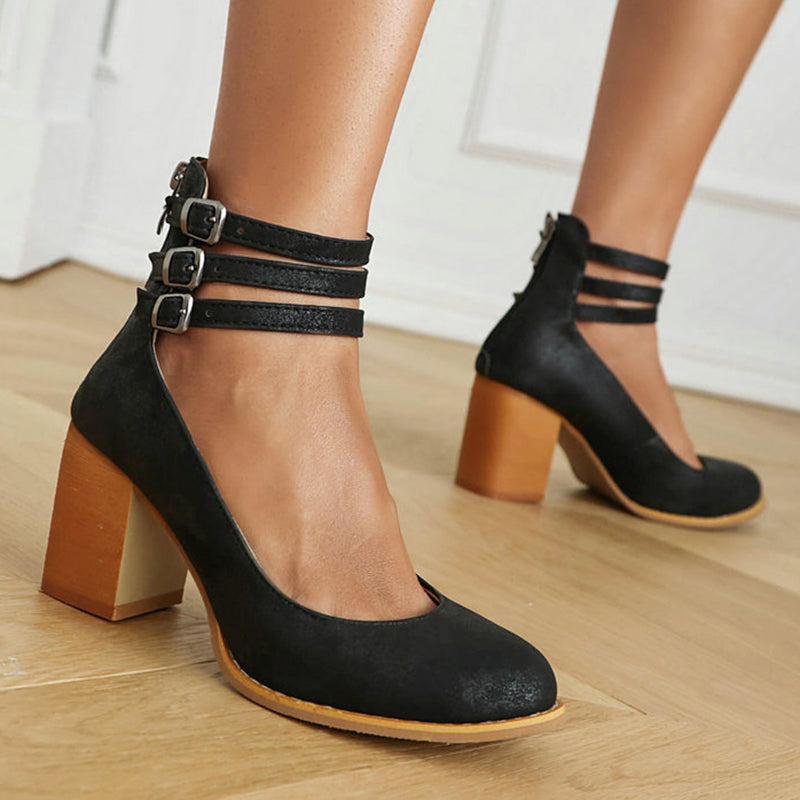Women's Smooth Sandals with Ankle Strap and Thick Heel