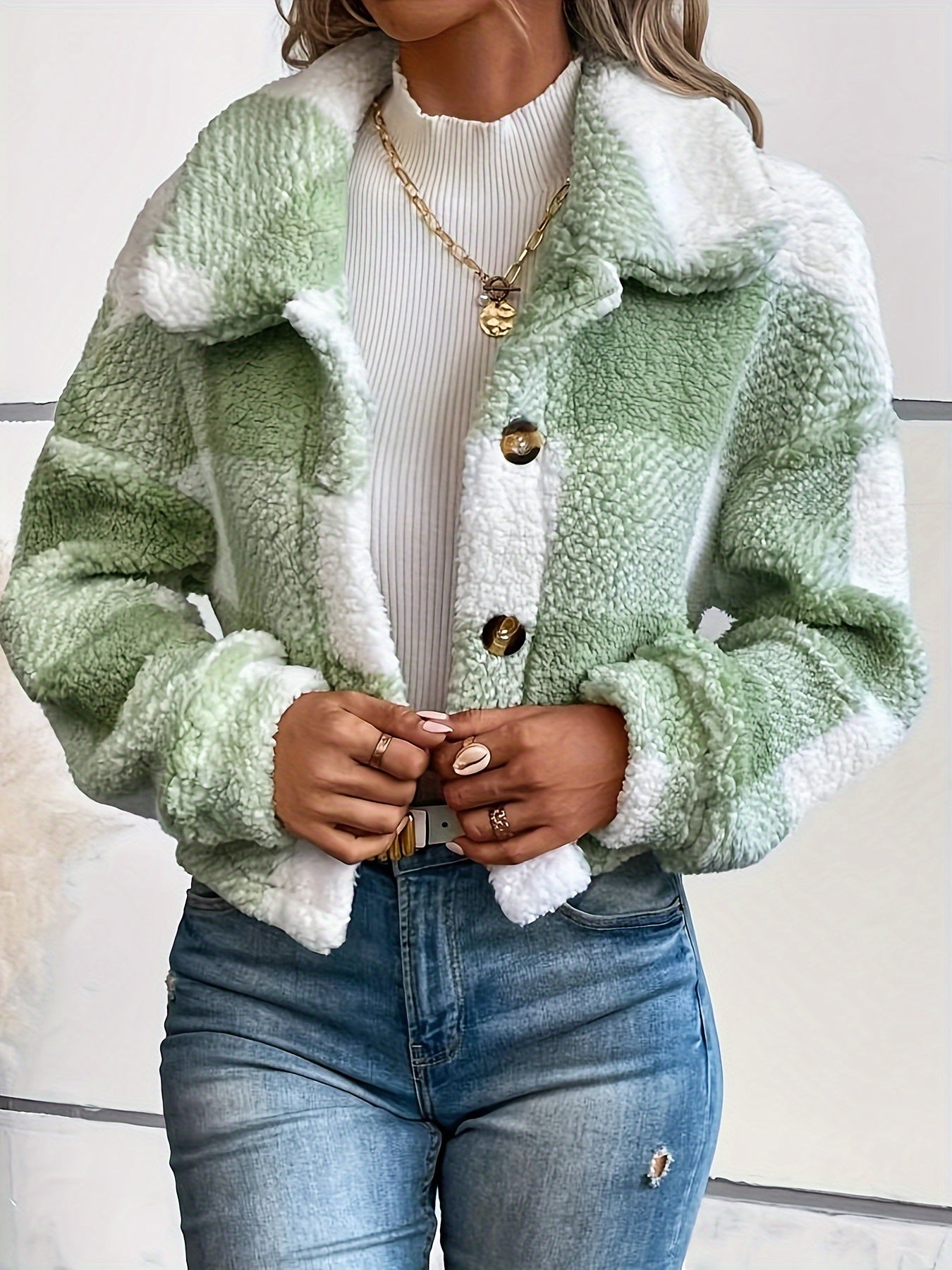 Streetwave Plaid Teddy Jacket With Button Closure Warm Plush Coat For Women Soft Thermal Lined