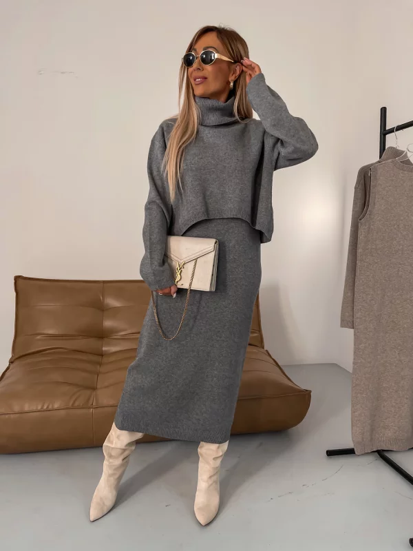 Street-Wave Womens Cozy Knit Set With Rollneck Sweater And Matching Skirt For Effortless Chic