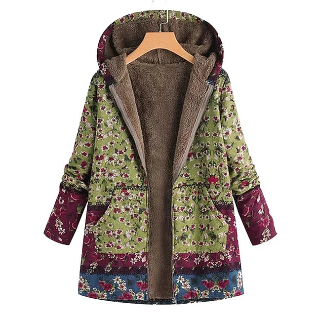 Street-Wave Must-Have Shearling Jacket For Women With Warm Fur Lining Floral Print Winter Outerwear