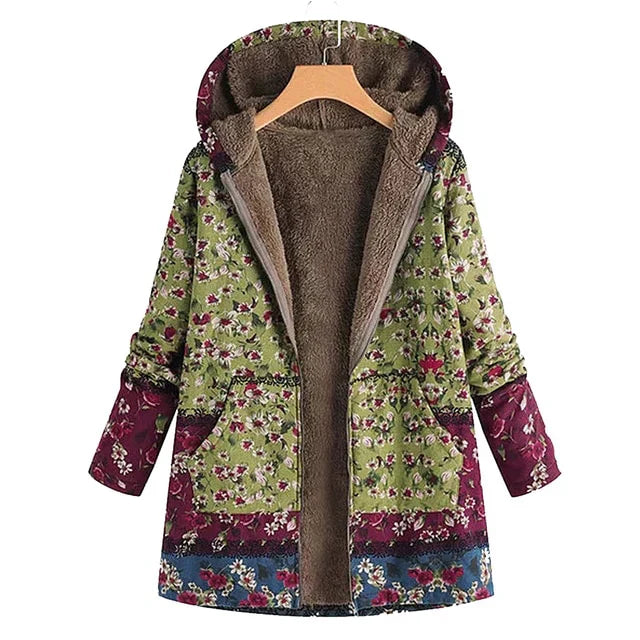 Street-wave Floral Hooded Shearling Coat For Women With Plush Lining Warmth Durable Comfort