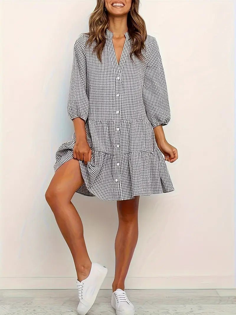 Women's Gingham Print Mini Dress with Button-Down Front and 3/4 Sleeves