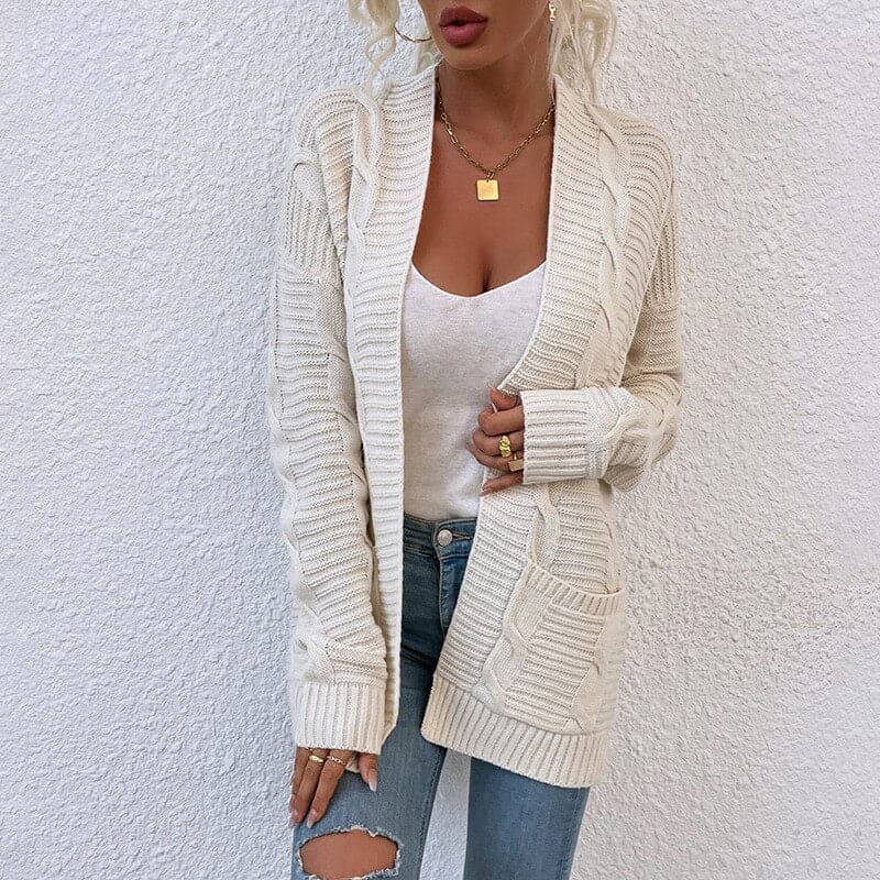 Street Wave Cable Knit Cardigan For Women Open Front With Pockets Cozy Layering Essential