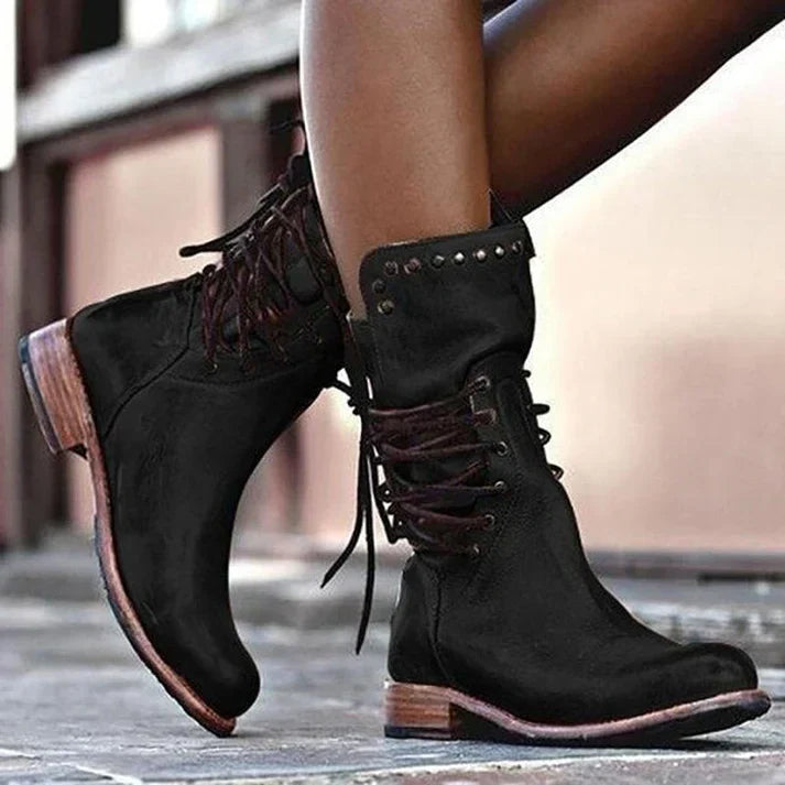 Street-Wave Leather Lace-Up Boots For Women, Trendy Durable Comfort For All-Day Wear
