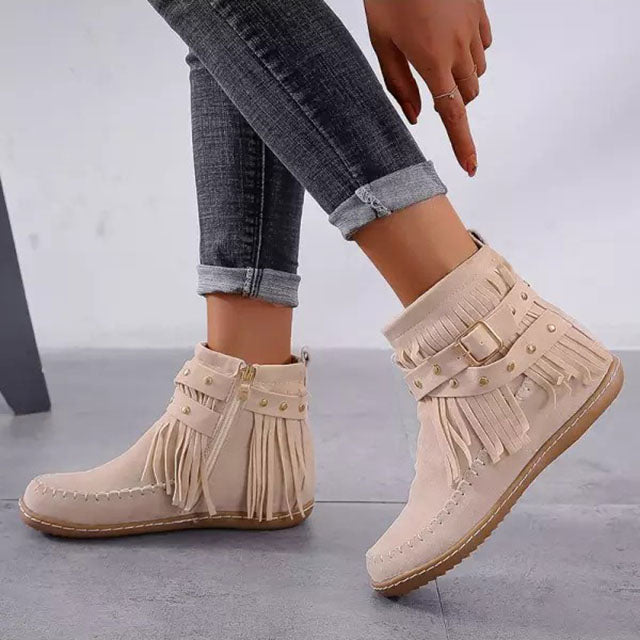 Street-Wave Warm Suede Fringe Boots For Women With Cozy Lining And Adjustable Buckle Straps