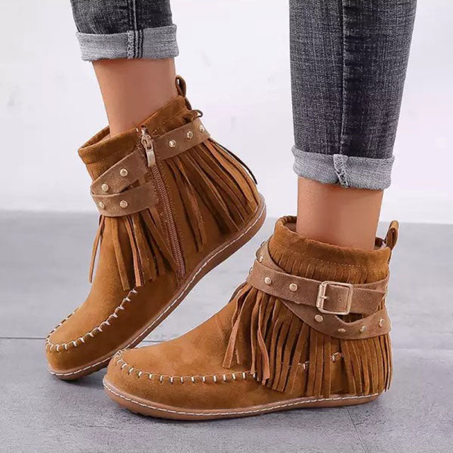 Street-Wave Warm Suede Fringe Boots For Women With Cozy Lining And Adjustable Buckle Straps