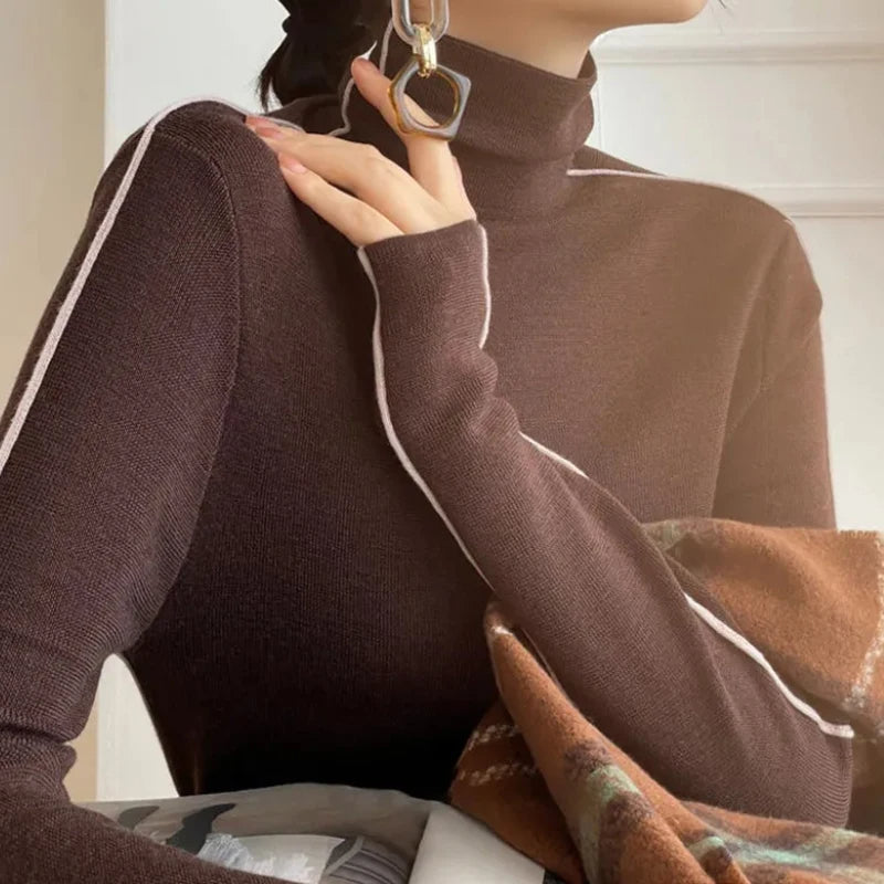 Street Wave Rollneck Pullover Warm Stylish Knit Top With White Piping Details For Fashion Lovers
