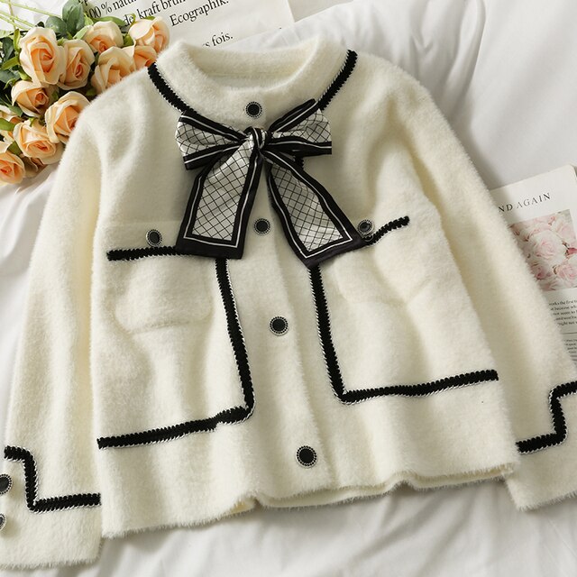 Street-wave Cozy Elegant Fuzzy Boucle Jacket With Bow Tie For Women Premium Comfort And Style