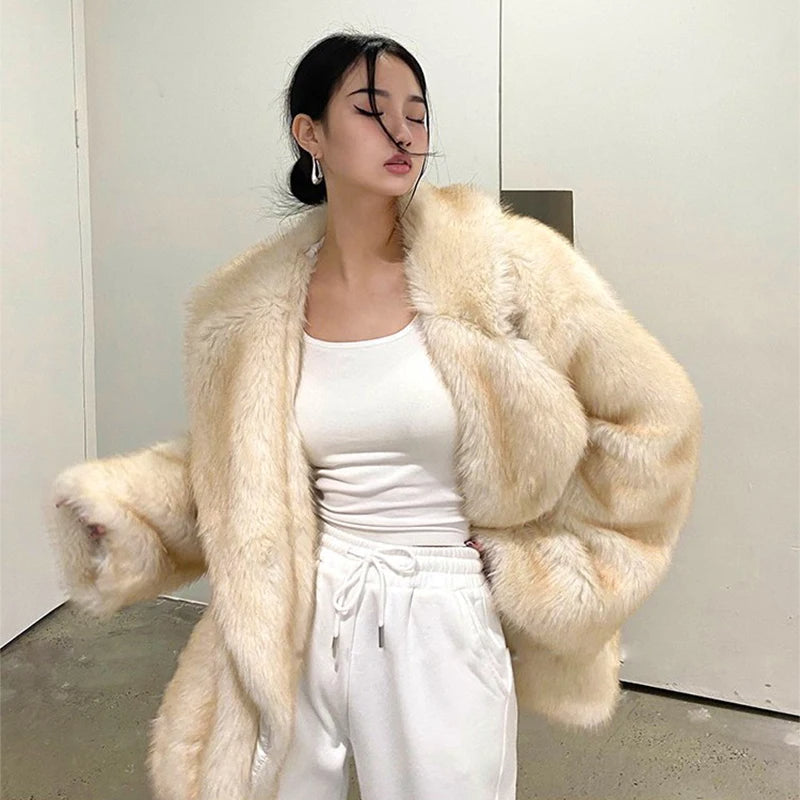 Street Wave Oversized Faux Fur Coat Wild Spectrum Fluff Fiesta for Women Soft Warm Plush Winter Jacket