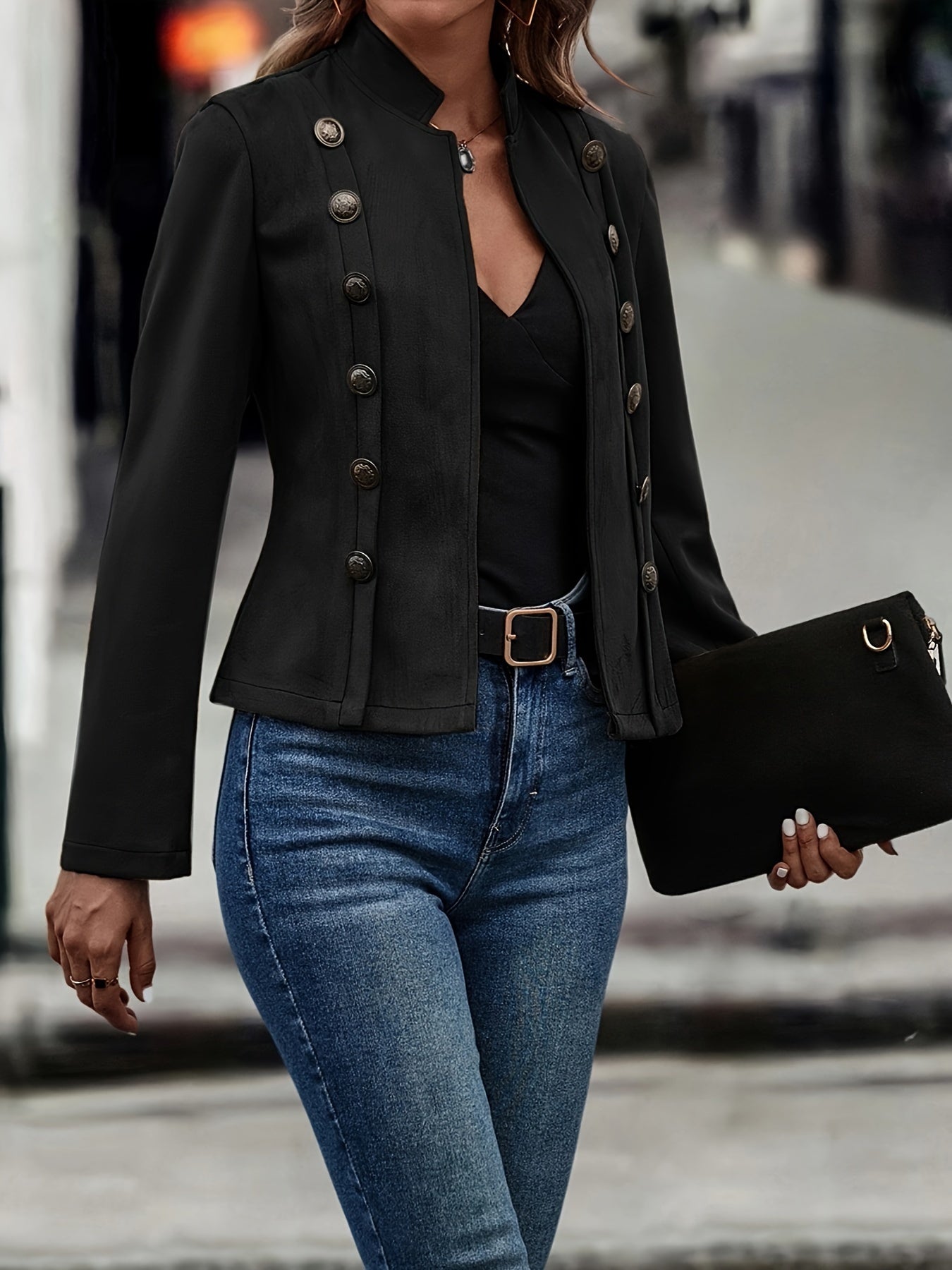 Street-wave Military Inspired Blazer With Button Details Polyester For Women Sleek And Sharp
