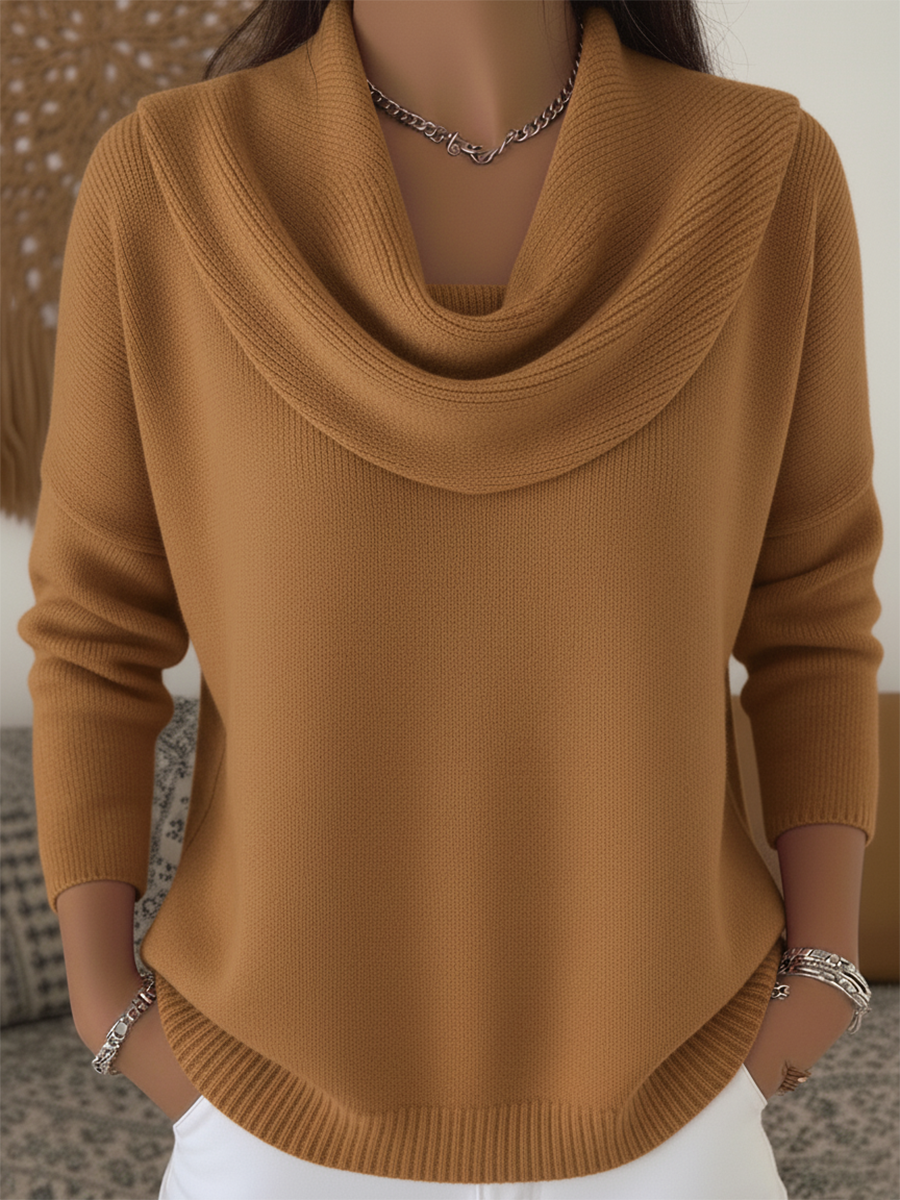 Women's Cowl Collar Sweater with Soft Knit and Relaxed Fit
