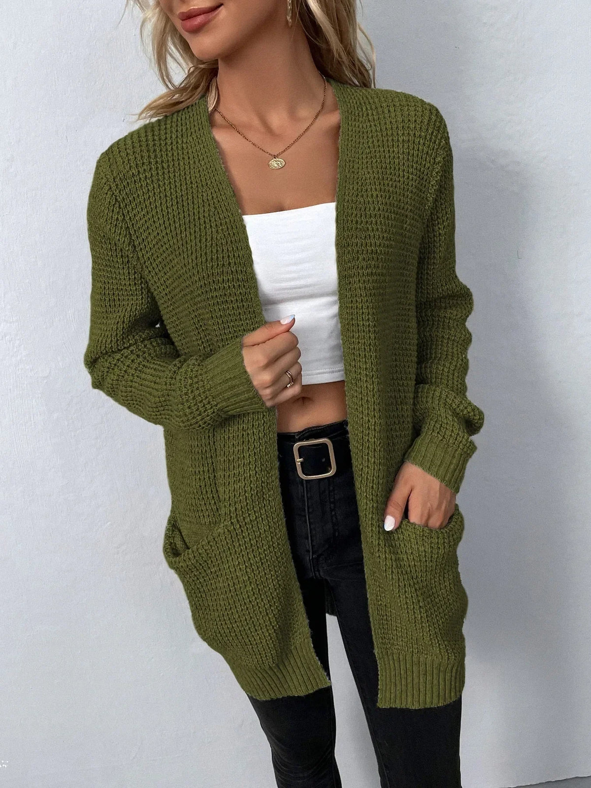 Street-wave Cardigan for Women Cozy Long Knit with Elegant V Neck Chic Layering Essential