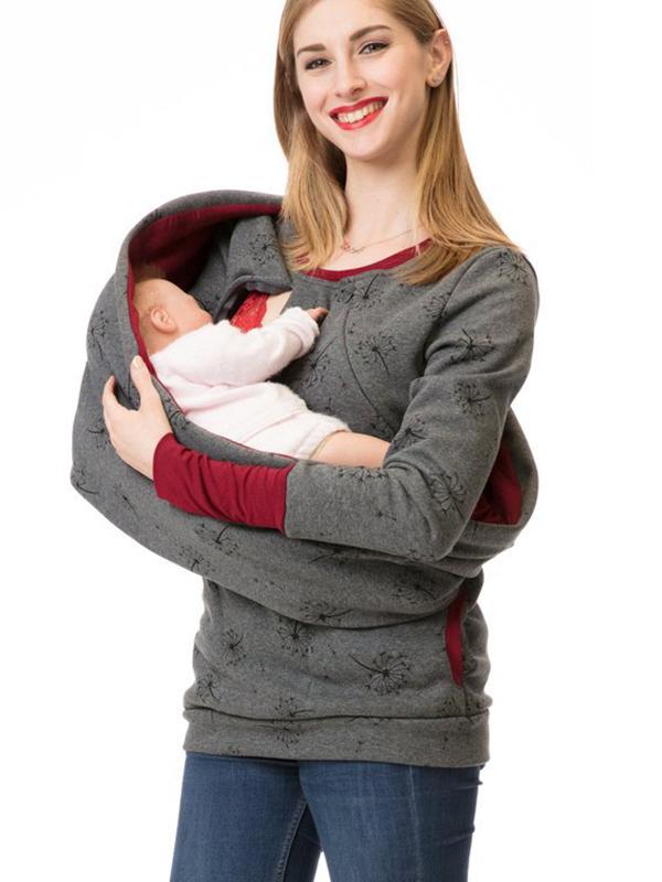 Street Wave Maternity Nursing Sweater Soft With Floral Print And Pockets For Expectant Moms