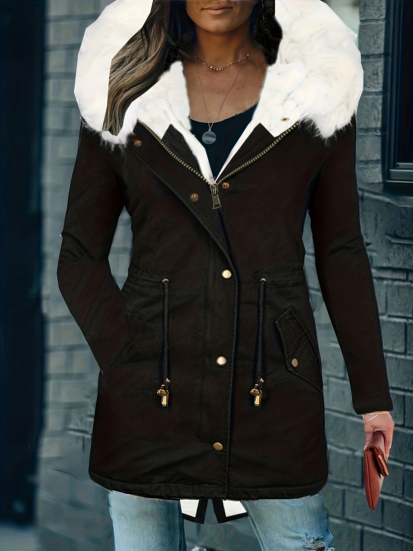 Street-wave Parka Coat With Faux Fur Hood Drawstring Waist For Women Warm Cozy Comfort