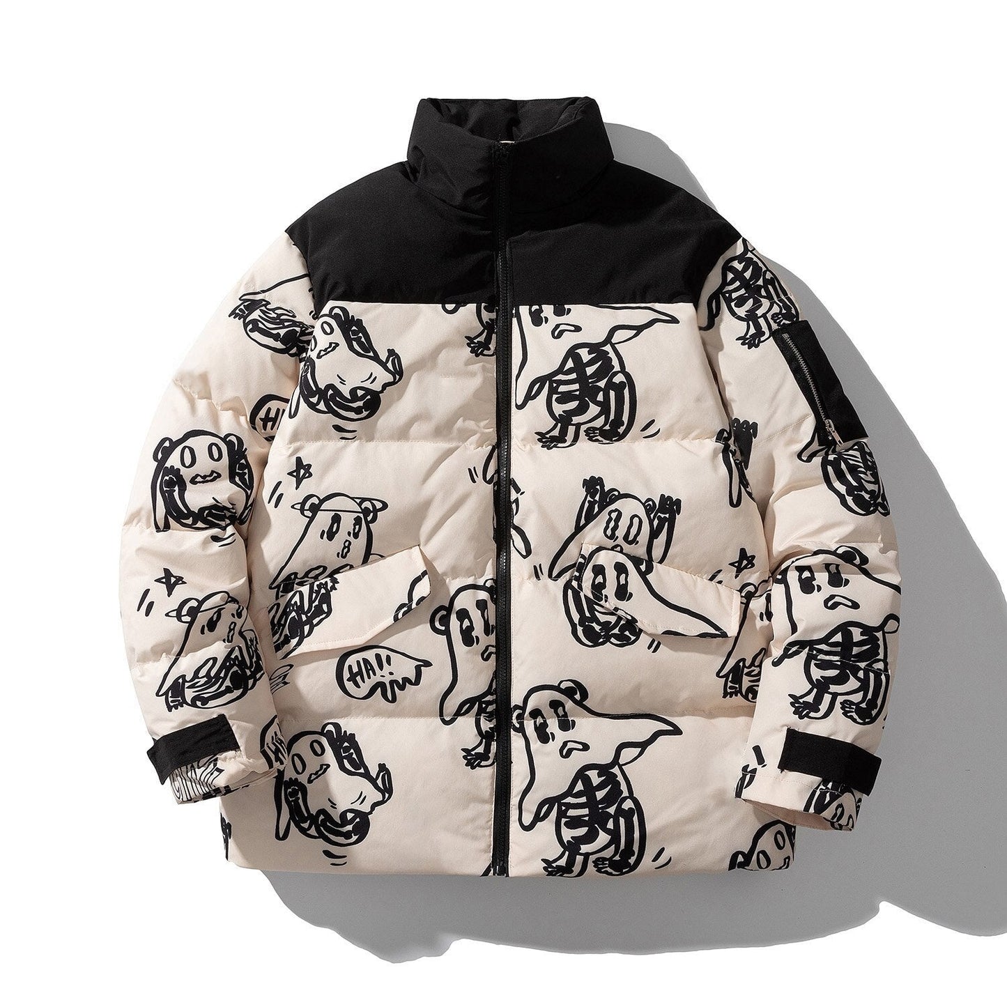 Street-wave Printed Puffer Jacket With Artistic Graphic Print For Streetwear Fans, Cozy Warmth