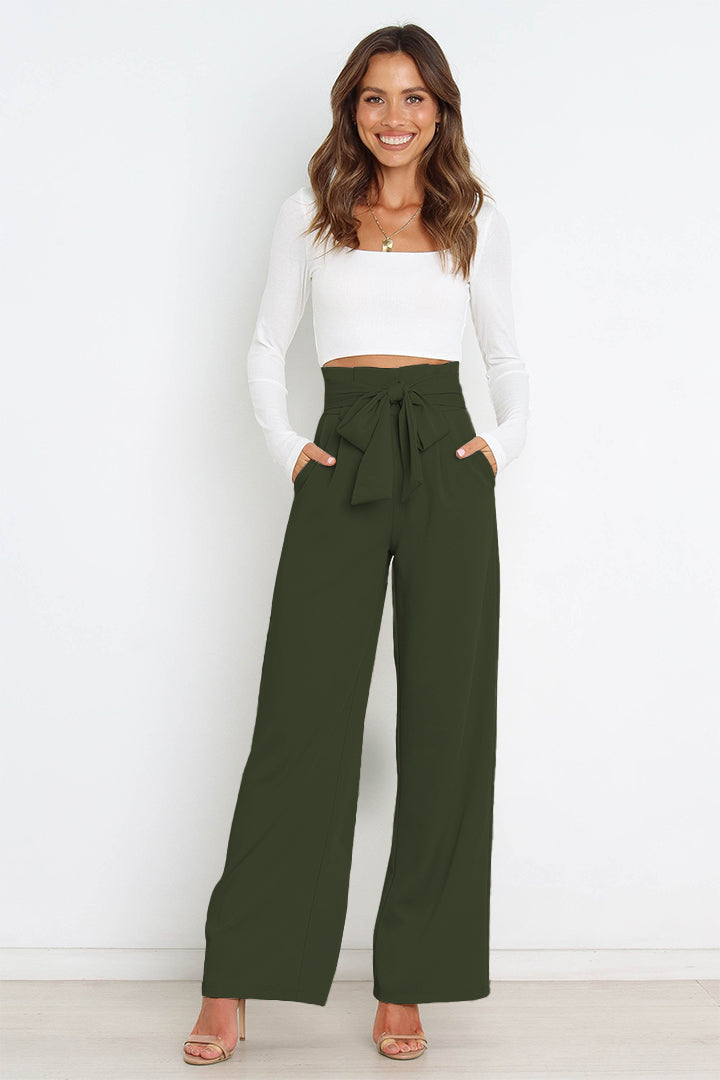 Street-Wave High Waist Paperbag Pants With Tie Detail - Women's Office Chic Wide-Leg Trousers