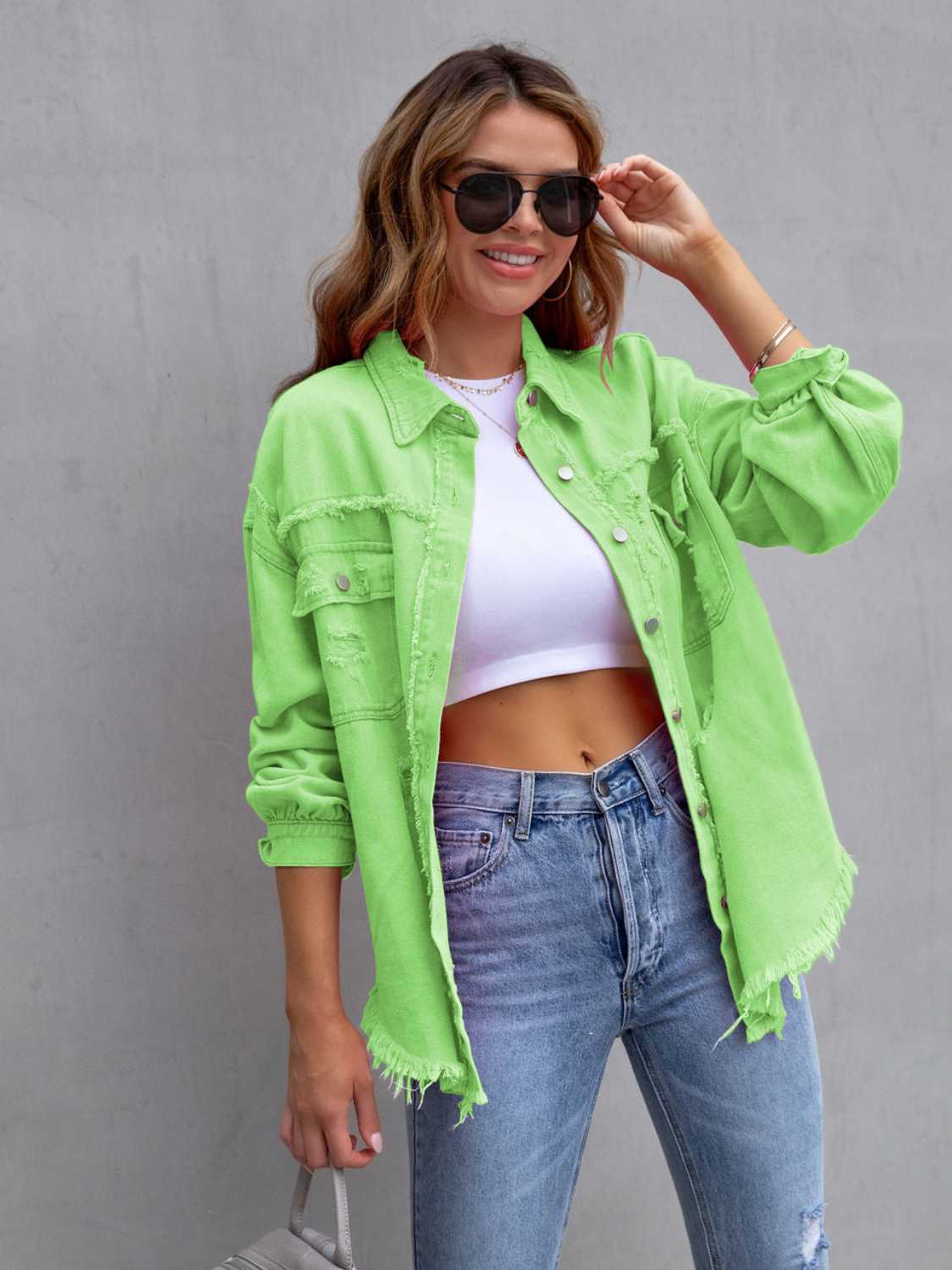 Street Wave Pink Distressed Denim Jacket For Women With Drop Shoulder And Frayed Hem