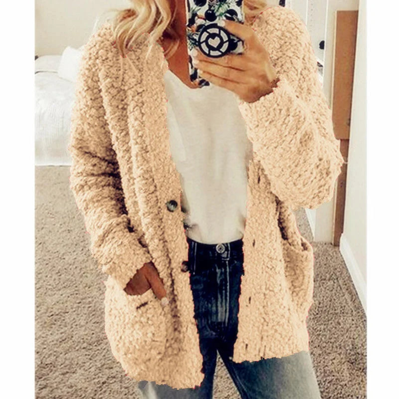 Street-wave Plush Cardigan Coat For Women - Ultra Cozy Warmth With Front Pockets