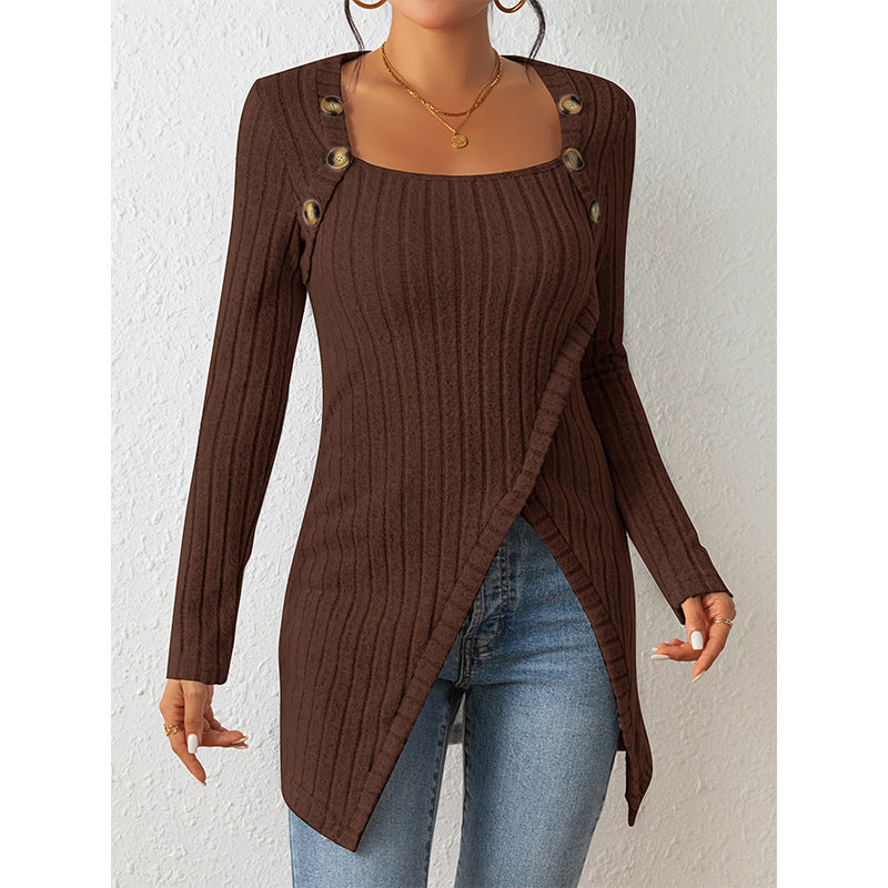 Street-wave Ribbed Knit Sweater For Women With Button Shoulder Details Cozy Modern Look