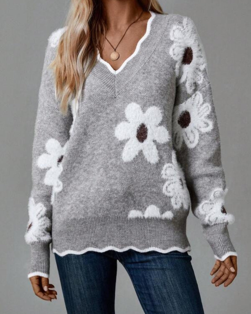 Street-Wave Floral Knit Sweater For Women Cozy Comfort With Soft Floral Pattern For Everyday Chic