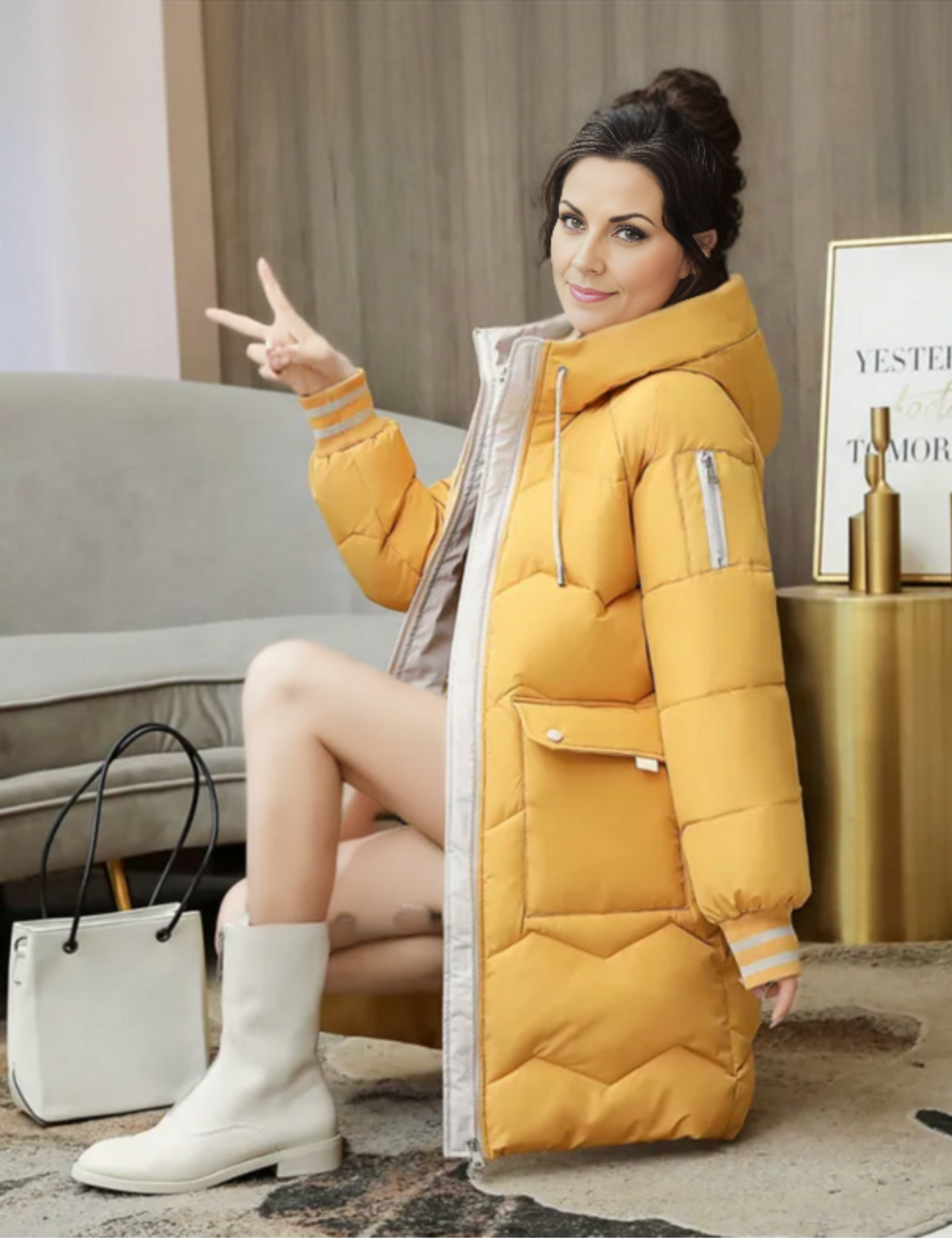 Street-wave Womens Elegant Puffer Jacket With Hood Cozy Warmth And Red Zippers For Cold Weather