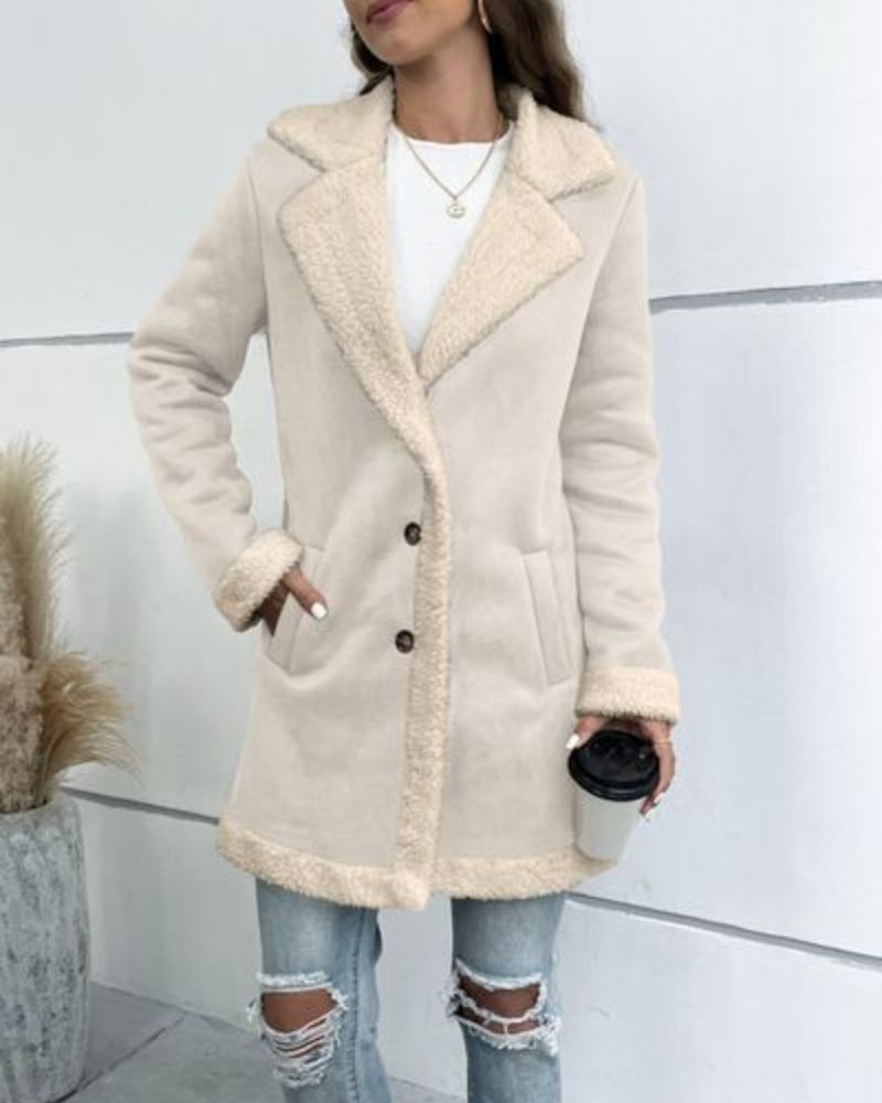 Street-wave Faux Shearling Lapel Coat For Women Warm Camel Button Closure Cozy Long Sleeve Outerwear