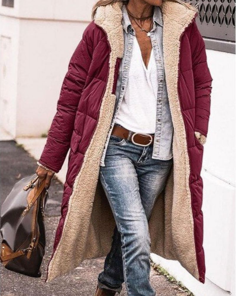 Street-Wave Long Puffer Coat With Fur-Lined Interior Hooded Warm Winter Outerwear For Women