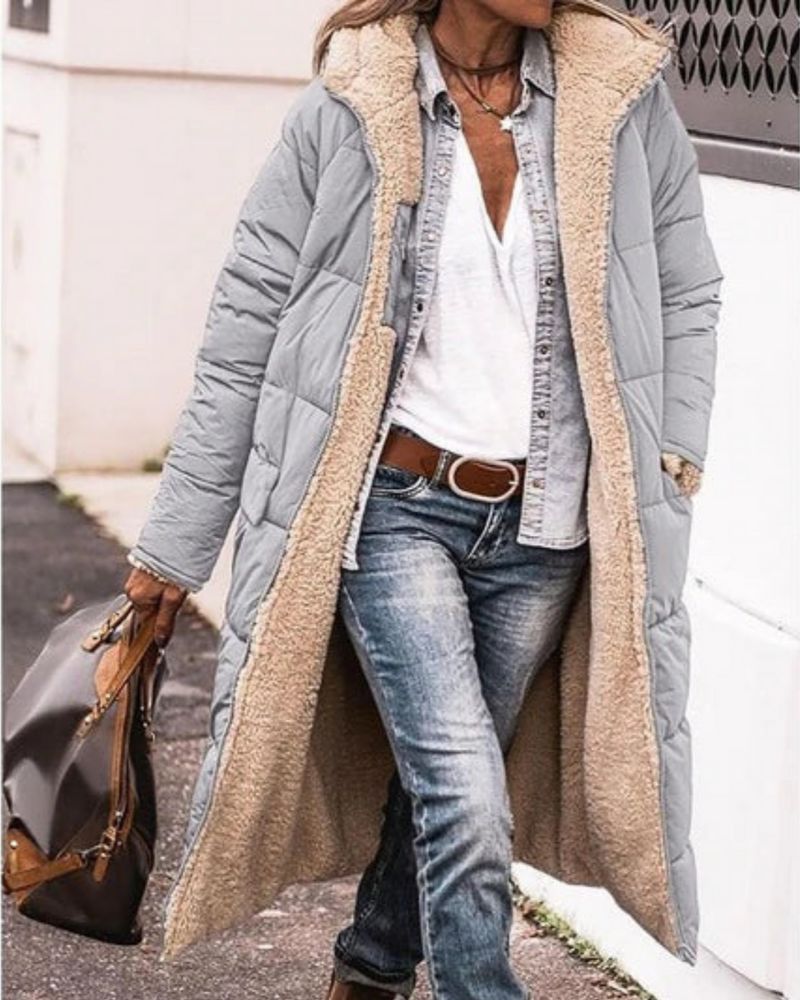 Street-Wave Long Puffer Coat With Fur-Lined Interior Hooded Warm Winter Outerwear For Women