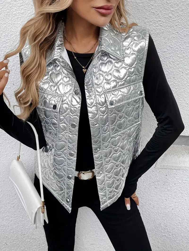 Street Wave Metallic Quilted Sleeveless Vest For Women Lightweight Chic Silver Layering