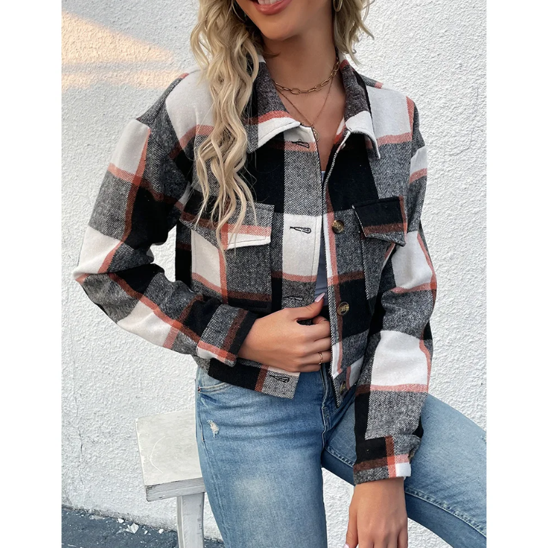 Street-wave Pink Plaid Jacket for Women - Cozy Trendy Outerwear With Button Closure