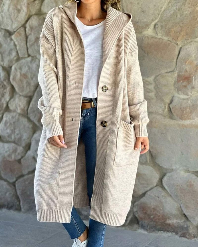 Street Wave Knit Hooded Long Coat For Women Warm Cozy Winter Outerwear With Trendy Collar And Statement Buttons
