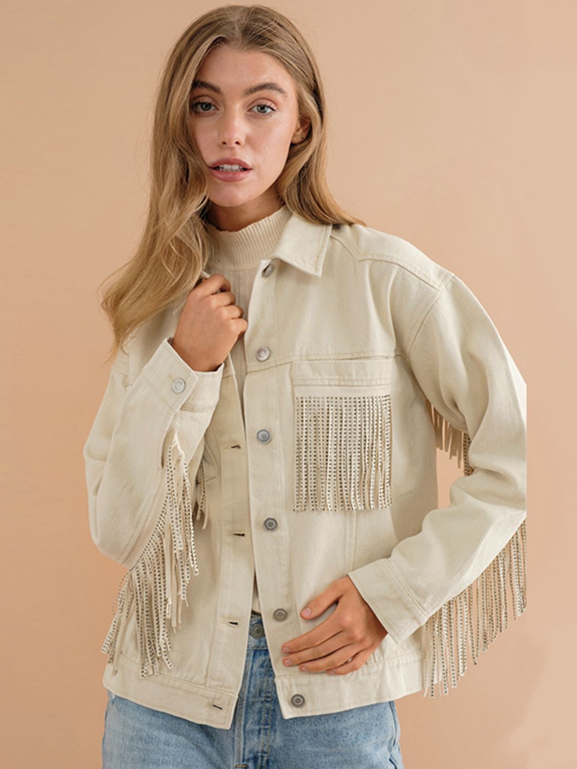 Street-Wave Pink Fringe Denim Jacket For Women With Fringed Back Yoke Trendy Statement Outerwear