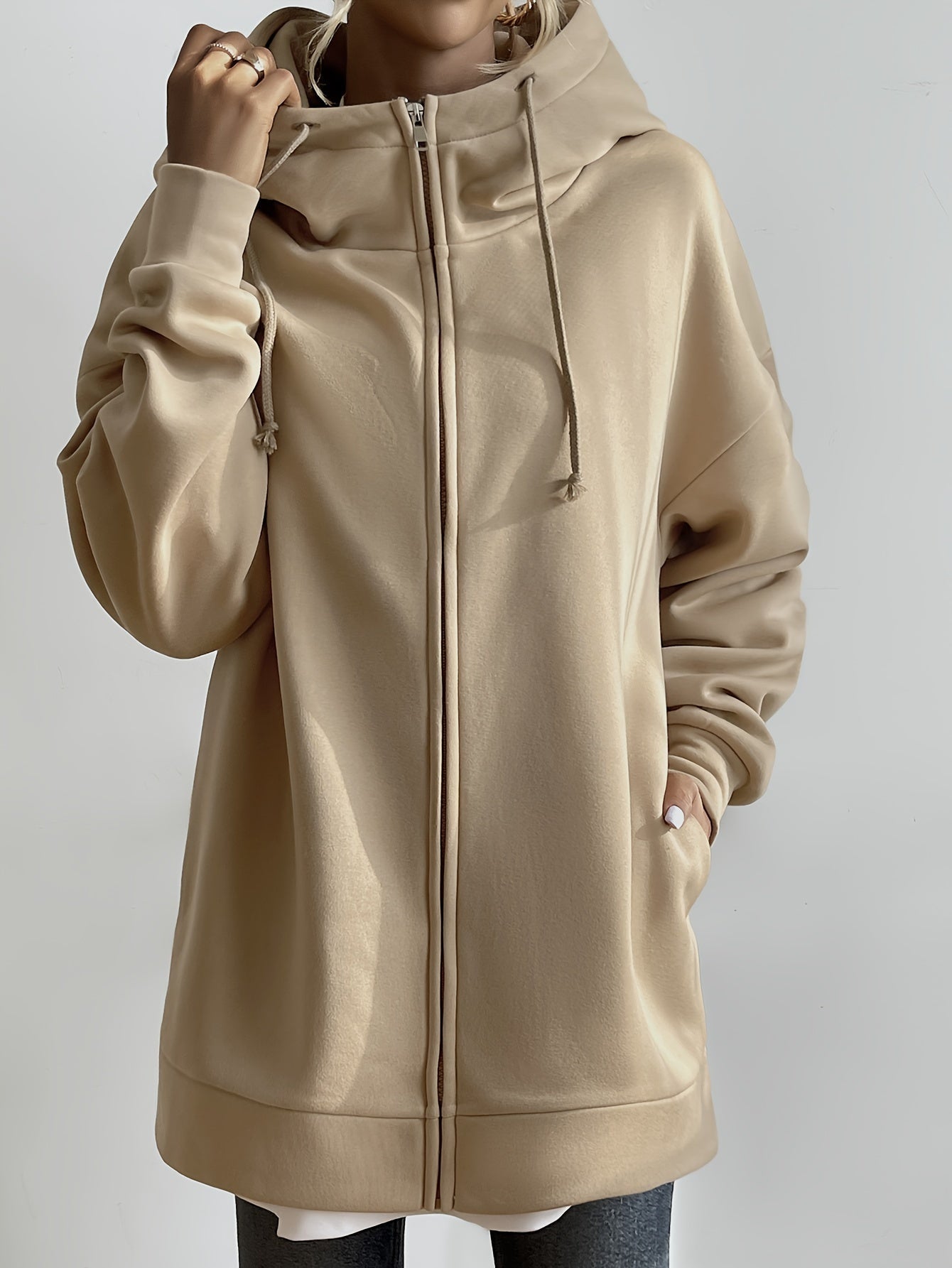 Street-wave Womens Black Oversized Hoodie Coat With Zip Front For Cozy Winter Warmth
