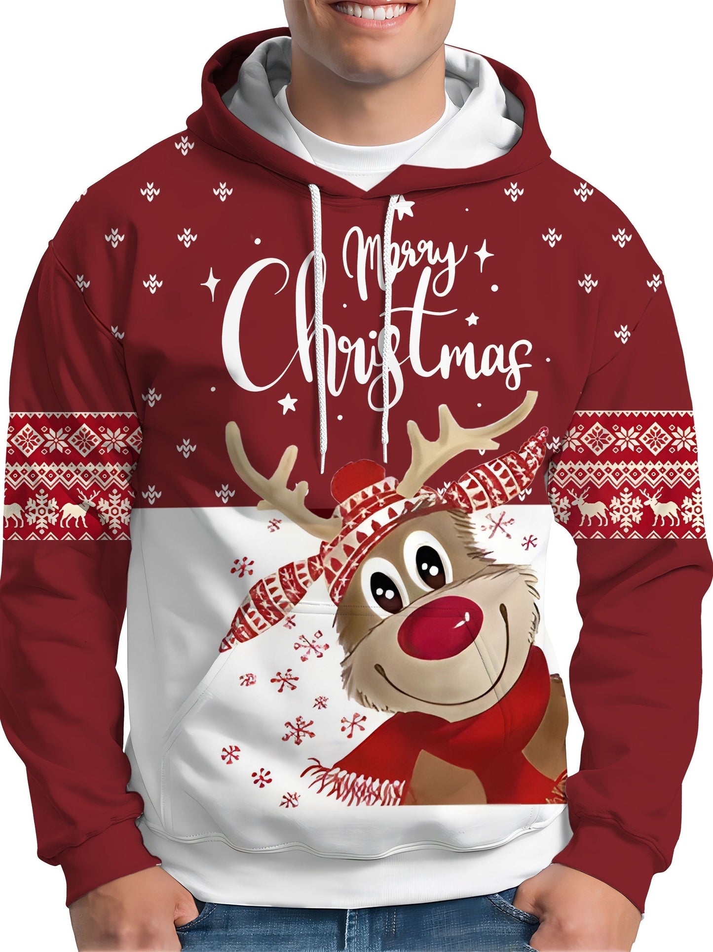 Street Wave Christmas Hoodie With Festive Reindeer Design Premium Polyester For Adults Unisex Comfort