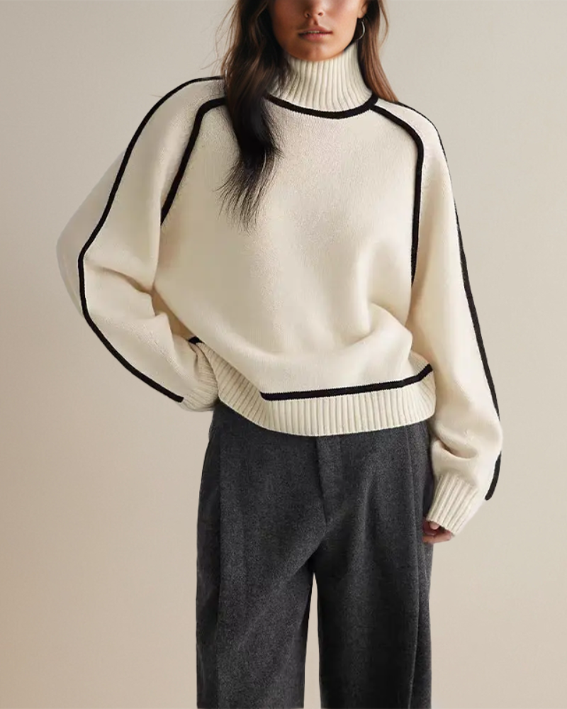 Street-wave Women's Turtleneck Knit Sweater Cozy Warmth With Subtle Contrast Trim