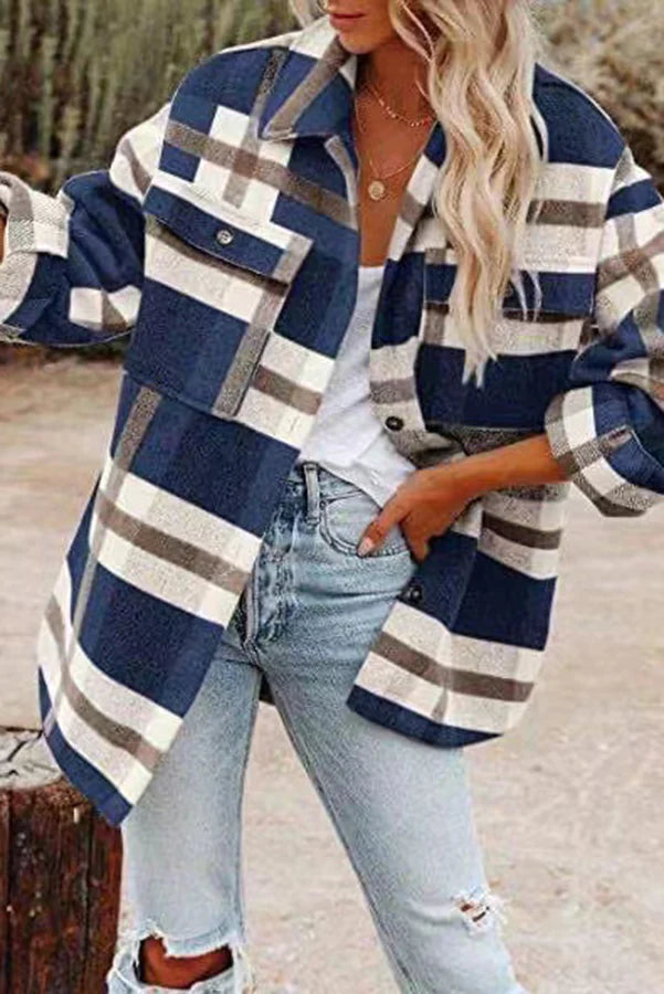 Street-Wave Women's Plaid Jacket With Front Pockets Oversized Cozy Everyday Outerwear For Chic Casual Looks