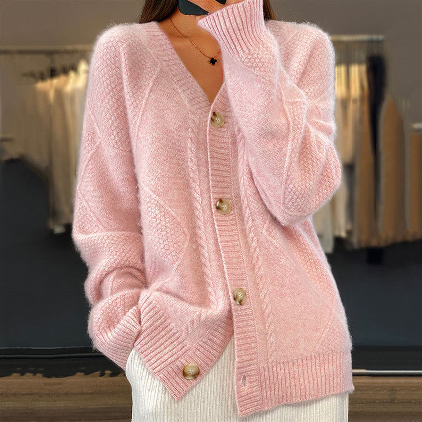 Street-wave V-Neck Cable Knit Cardigan For Women, Cozy Timeless Office Casualwear