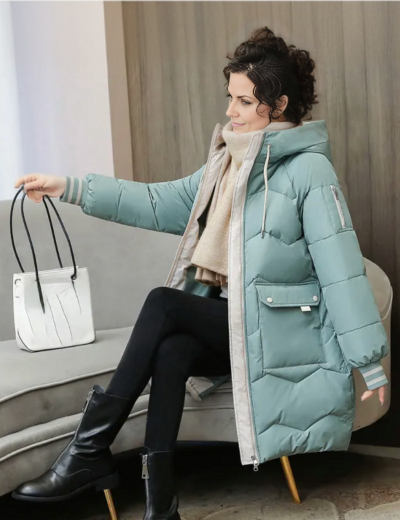Street-wave Womens Elegant Puffer Jacket With Hood Cozy Warmth And Red Zippers For Cold Weather