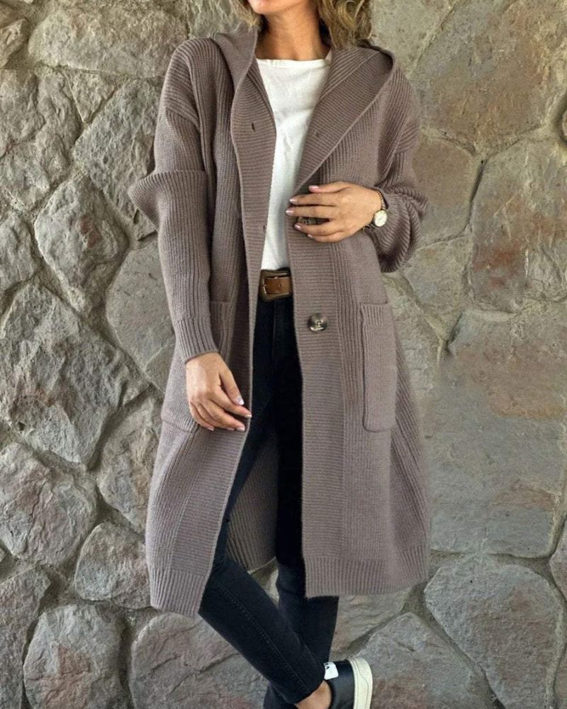 Street Wave Hooded Knit Long Coat For Women Cozy Warm Winter Outerwear With Stylish Button Details