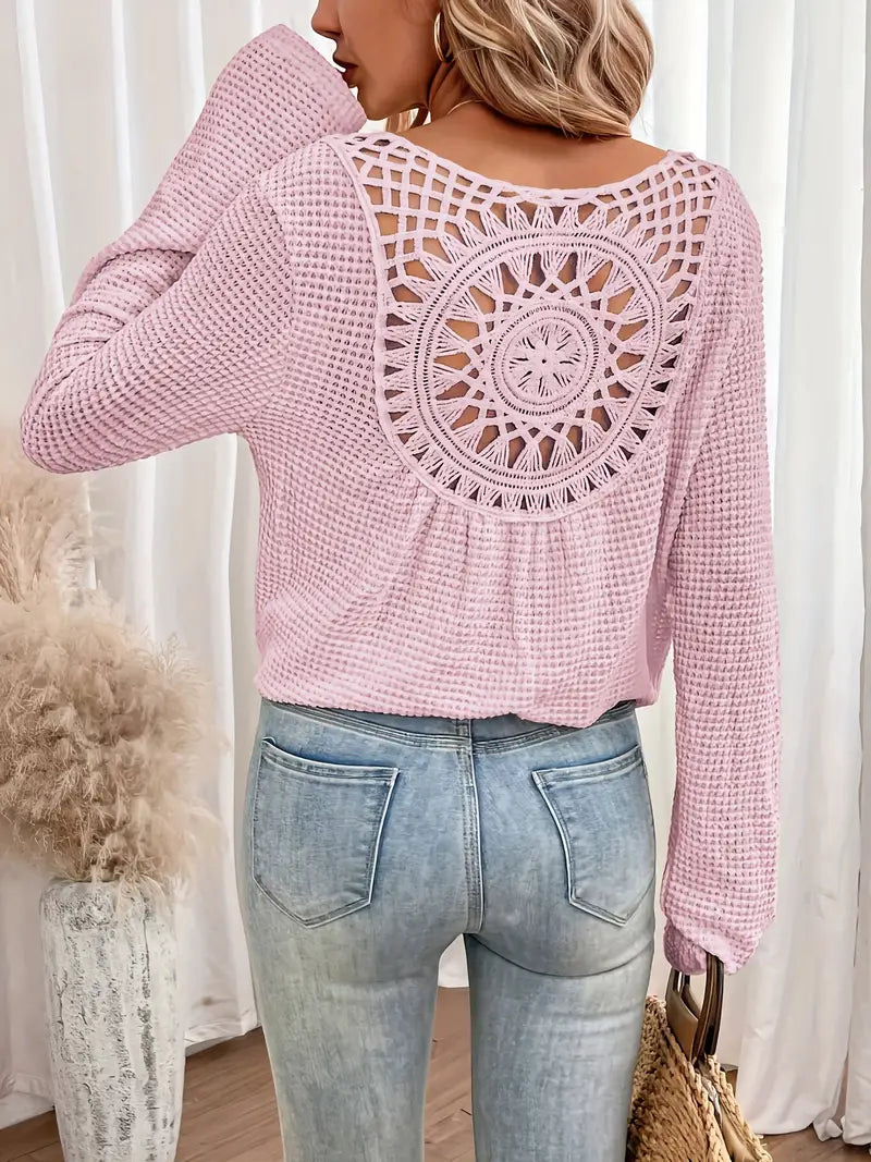 Street-Wave Crochet Back Detail Knit Sweater For Women, Cozy Versatile Layering Piece