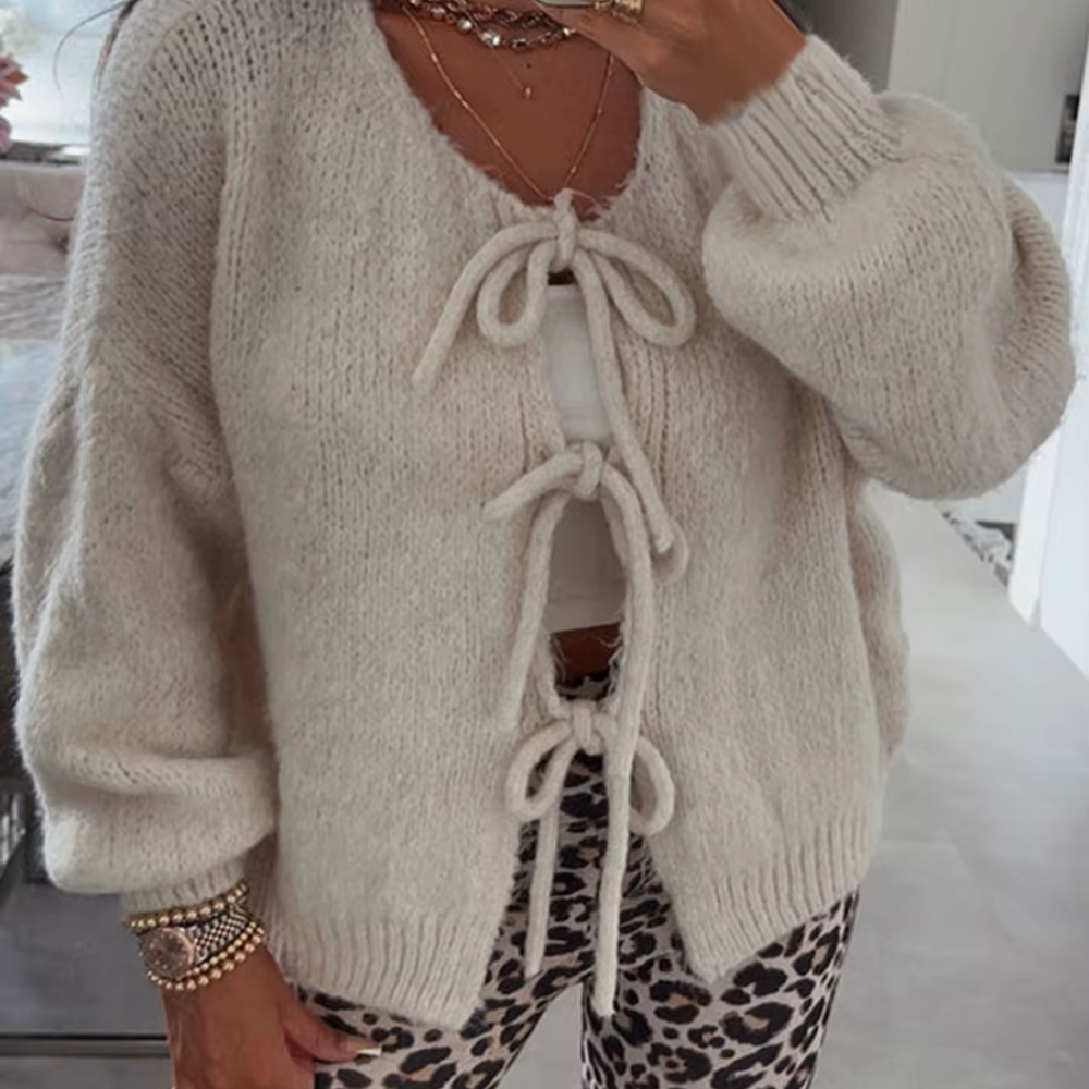 Street-wave Pink Knit Cardigan With Bow Ties For Women Flattering Cozy Modern Layering